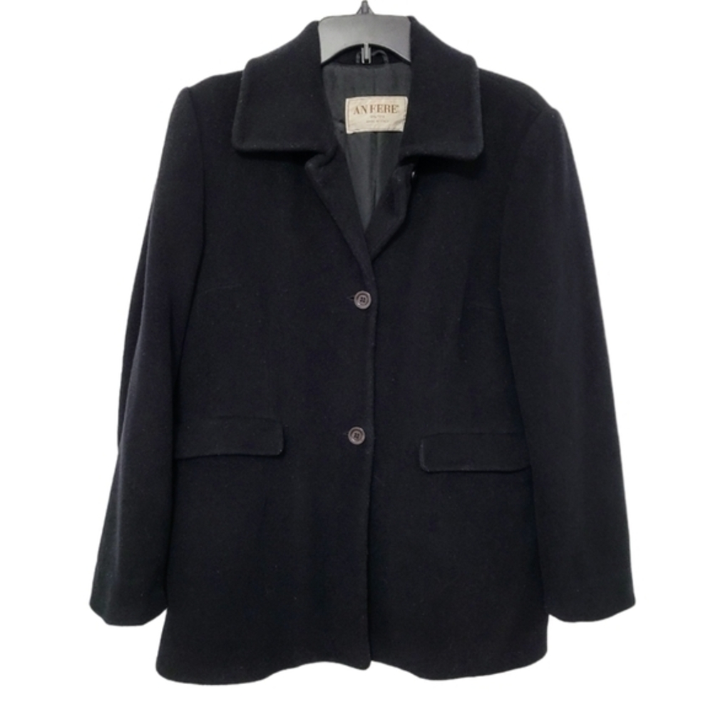 An Fere Women's Black Wool Angora Collared Lined Coat Made in Italy Sz 46 US 12
